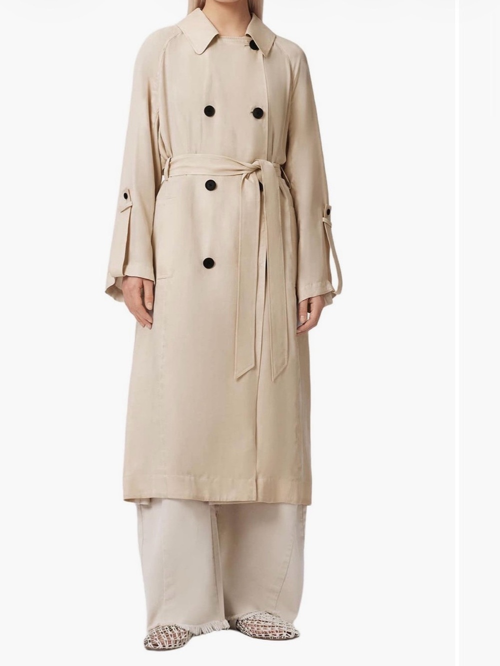 AllSaints Beige Double-Breasted Trench Coat with Tie Belt and pleats at the back